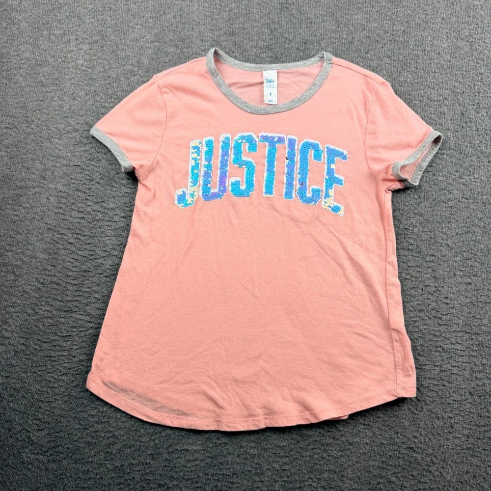 Justice Girls Size 8 Pink Flip Sequin Short‎ Sleeve Ringer Tee Shirt